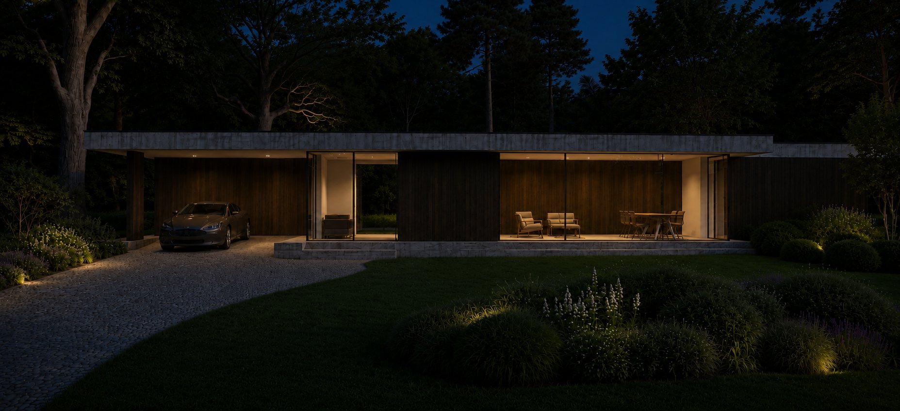 Patiowoning — voorgevel bij avond